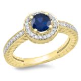 1.00 Carat (ctw) 14K Yellow Gold Round Cut Blue Sapphire & White Diamond Ladies Bridal Vintage Halo Style Engagement Ring 1 CT