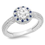 1.00 Carat (ctw) 14K White Gold Round Cut Blue Sapphire & White Diamond Ladies Bridal Vintage Halo Style Engagement Ring 1 CT