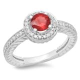 1.00 Carat (ctw) 14K White Gold Round Cut Ruby & White Diamond Ladies Bridal Vintage Halo Style Engagement Ring 1 CT