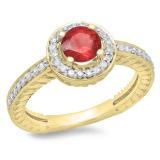 1.00 Carat (ctw) 14K Yellow Gold Round Cut Ruby & White Diamond Ladies Bridal Vintage Halo Style Engagement Ring 1 CT