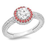 1.00 Carat (ctw) 10K White Gold Round Cut Ruby & White Diamond Ladies Bridal Vintage Halo Style Engagement Ring 1 CT