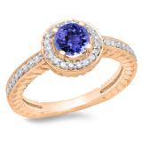 1.00 Carat (ctw) 14K Rose Gold Round Cut Tanzanite & White Diamond Ladies Bridal Vintage Halo Style Engagement Ring 1 CT