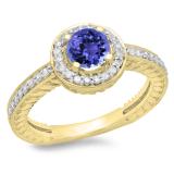 1.00 Carat (ctw) 14K Yellow Gold Round Cut Tanzanite & White Diamond Ladies Bridal Vintage Halo Style Engagement Ring 1 CT