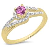 0.45 Carat (ctw) 10K Yellow Gold Round Cut Pink Sapphire & White Diamond Ladies Twisted Split Shank Bridal Engagement Ring 1/2 CT