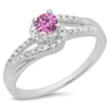 0.45 Carat (ctw) 14K White Gold Round Cut Pink Sapphire & White Diamond Ladies Twisted Split Shank Bridal Engagement Ring 1/2 CT