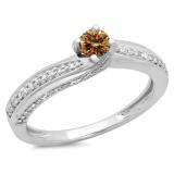 0.50 Carat (ctw) 18K White Gold Round Champagne & White Diamond Ladies Swirl Promise Solitaire With Accents Engagement Ring 1/2 CT