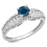 0.75 Carat (ctw) 18K White Gold Round Blue & White Diamond Ladies Solitaire With Accents Bridal Engagement Ring 3/4 CT