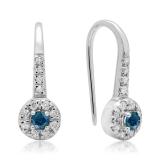 0.45 Carat (ctw) 10K White Gold Round Blue & White Diamond Ladies Halo Style Dangling Drop Earrings 1/2 CT
