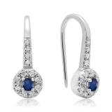 0.45 Carat (ctw) 10K White Gold Round Blue Sapphire & White Diamond Ladies Halo Style Dangling Drop Earrings 1/2 CT
