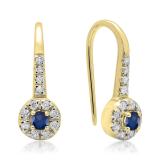 0.45 Carat (ctw) 14K Yellow Gold Round Blue Sapphire & White Diamond Ladies Halo Style Dangling Drop Earrings 1/2 CT