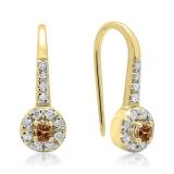 0.45 Carat (ctw) 10K Yellow Gold Round Champagne & White Diamond Ladies Halo Style Dangling Drop Earrings 1/2 CT