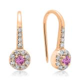 0.45 Carat (ctw) 10K Rose Gold Round Pink Sapphire & White Diamond Ladies Halo Style Dangling Drop Earrings 1/2 CT