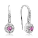 0.45 Carat (ctw) 18K White Gold Round Pink Sapphire & White Diamond Ladies Halo Style Dangling Drop Earrings 1/2 CT