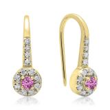 0.45 Carat (ctw) 18K Yellow Gold Round Pink Sapphire & White Diamond Ladies Halo Style Dangling Drop Earrings 1/2 CT