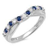 0.55 Carat (ctw) 10K White Gold Round Cut Blue Sapphire & White Diamond Ladies Anniversary Wedding Guard Contour Band 1/2 CT