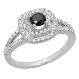 0.80 Carat (ctw) 14K White Gold Round Black & White Diamond Ladies Split Shank Engagement Halo Bridal Ring 3/4 CT