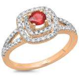 0.80 Carat (ctw) 10K Rose Gold Round Ruby & White Diamond Ladies Split Shank Engagement Halo Bridal Ring 3/4 CT
