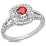 0.80 Carat (ctw) 10K White Gold Round Ruby & White Diamond Ladies Split Shank Engagement Halo Bridal Ring 3/4 CT