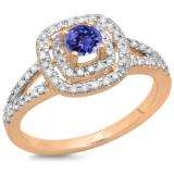 0.80 Carat (ctw) 18K Rose Gold Round Tanzanite & White Diamond Ladies Split Shank Engagement Halo Bridal Ring 3/4 CT
