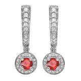0.50 Carat (ctw) 18k White Gold Round Ruby & White Diamond Ladies Fine Dangling Drop Earrings 1/2 CT