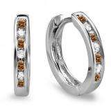 0.20 Carat (ctw) 10K White Gold Small Round Champagne & White Diamond Huggie Hoop Earrings 11 mm diameter
