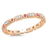 0.25 Carat (ctw) 10K Rose Gold Round Ruby And White Diamond Ladies Vintage Style Anniversary Wedding Eternity Band Stackable Ring 1/4 CT