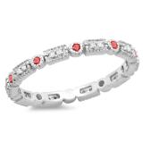 0.25 Carat (ctw) 10K White Gold Round Ruby And White Diamond Ladies Vintage Style Anniversary Wedding Eternity Band Stackable Ring 1/4 CT