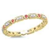 0.25 Carat (ctw) 18K Yellow Gold Round Ruby And White Diamond Ladies Vintage Style Anniversary Wedding Eternity Band Stackable Ring 1/4 CT