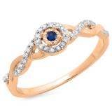 0.20 Carat (ctw) 10K Rose Gold Round Blue Sapphire & White Diamond Ladies Bridal Halo Style Swirl Split Shank Promise Ring 1/5 CT