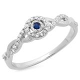 0.20 Carat (ctw) 10K White Gold Round Blue Sapphire & White Diamond Ladies Bridal Halo Style Swirl Split Shank Promise Ring 1/5 CT