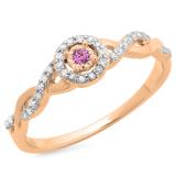 0.20 Carat (ctw) 10K Rose Gold Round Pink Sapphire & White Diamond Ladies Bridal Halo Style Swirl Split Shank Promise Ring 1/5 CT