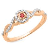 0.20 Carat (ctw) 10K Rose Gold Round Ruby & White Diamond Ladies Bridal Halo Style Swirl Split Shank Promise Ring 1/5 CT