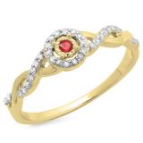 0.20 Carat (ctw) 18K Yellow Gold Round Ruby & White Diamond Ladies Bridal Halo Style Swirl Split Shank Promise Ring 1/5 CT