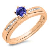 0.50 Carat (ctw) 18K Rose Gold Round Cut Tanzanite & White Diamond Ladies Bridal Engagement Ring With Matching Band Set 1/2 CT