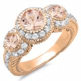2.00 Carat (ctw) 18K Rose Gold Round Morganite And White Diamond Ladies Vintage Bridal Engagement 3 Stone Ring 2 CT