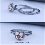 1.60 Carat (ctw) 10K White Gold Cushion Cut Morganite & Round Cut White Diamond Ladies Bridal Halo Engagement Ring With Matching Band Set