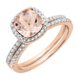 1.60 Carat (ctw) 18K Rose Gold Cushion Cut Morganite & Round Cut White Diamond Ladies Bridal Halo Engagement Ring With Matching Band Set
