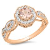 1.15 Carat (ctw) 14K Rose Gold Round Cut Morganite & White Diamond Ladies Bridal Vintage Style Halo Engagement Ring