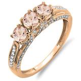 1.00 Carat (ctw) 14K Rose Gold Round Morganite & White Diamond Ladies Vintage Bridal 3 Stone Engagement Ring 1 CT