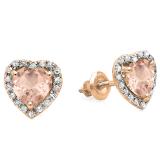 1.65 Carat (ctw) 10K Rose Gold Heart Cut Morganite & Round White Diamond Ladies Halo Stud Earrings