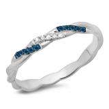 0.10 Carat (ctw) 14K White Gold Round Cut Blue & White Diamond Ladies Swirl Anniversary Wedding Band Stackable Ring 1/10 CT