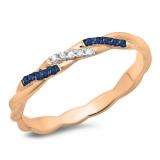 0.10 Carat (ctw) 14K Rose Gold Round Cut Blue Sapphire & White Diamond Ladies Swirl Anniversary Wedding Band Stackable Ring 1/10 CT