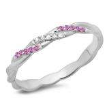 0.10 Carat (ctw) 10K White Gold Round Cut Pink Sapphire & White Diamond Ladies Swirl Anniversary Wedding Band Stackable Ring 1/10 CT