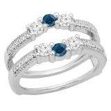 0.80 Carat (ctw) 18K White Gold Round Cut Blue & White Diamond Ladies Anniversary Wedding Band 3 Stone Enhancer Guard Double Ring 3/4 CT