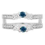 0.80 Carat (ctw) 18K White Gold Round Cut Blue & White Diamond Ladies Anniversary Wedding Band 3 Stone Enhancer Guard Double Ring 3/4 CT