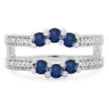 0.80 Carat (ctw) 14K White Gold Round Cut Blue Sapphire & White Diamond Ladies Anniversary Wedding Band 3 Stone Enhancer Guard Double Ring 3/4 CT