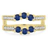 0.80 Carat (ctw) 14K Yellow Gold Round Cut Blue Sapphire & White Diamond Ladies Anniversary Wedding Band 3 Stone Enhancer Guard Double Ring 3/4 CT