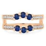 0.80 Carat (ctw) 18K Rose Gold Round Cut Blue Sapphire & White Diamond Ladies Anniversary Wedding Band 3 Stone Enhancer Guard Double Ring 3/4 CT