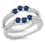 0.80 Carat (ctw) 18K White Gold Round Cut Blue Sapphire & White Diamond Ladies Anniversary Wedding Band 3 Stone Enhancer Guard Double Ring 3/4 CT
