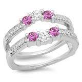 0.80 Carat (ctw) 14K White Gold Round Cut Pink Sapphire & White Diamond Ladies Anniversary Wedding Band 3 Stone Enhancer Guard Double Ring 3/4 CT